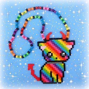 Rainbow Devil Kitty Cat Kandi Perler Bead Necklace